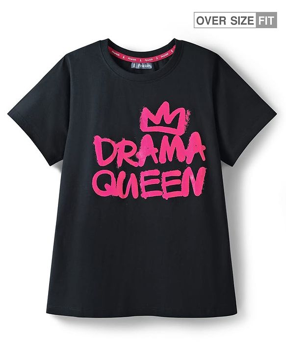 Pine Kids Cotton Knit Half Sleeves Oversized T-Shirts with Text Print - Black