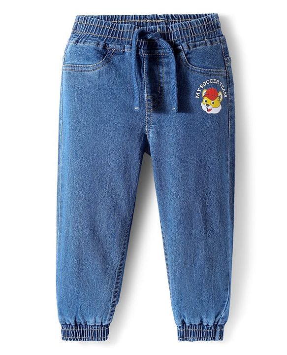 Babyhug Full Length Washed Denim Joggers With Stretch & Tiger Print - Blue