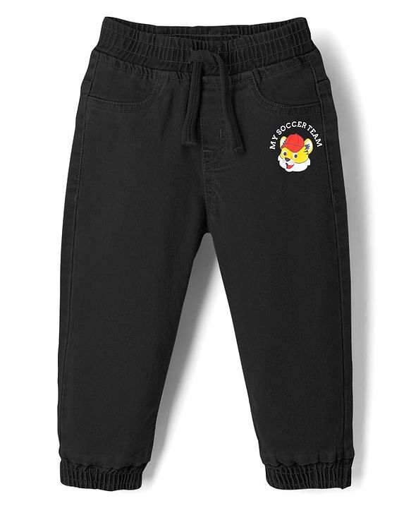 Babyhug Denim Full Length Jogger With Stretch & Animal Print - Black
