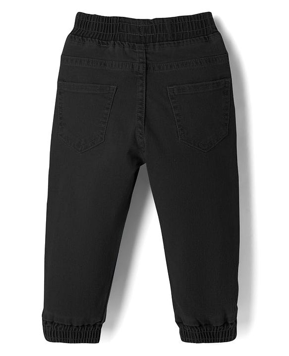 Babyhug Denim Full Length Jogger With Stretch & Animal Print - Black