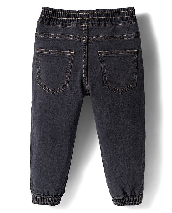 Babyhug Cotton Denim Full Length Washed Jeans with Stretch & My Soccer Team Text Print - Charcoal Grey