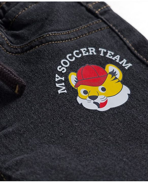 Babyhug Cotton Denim Full Length Washed Jeans with Stretch & My Soccer Team Text Print - Charcoal Grey