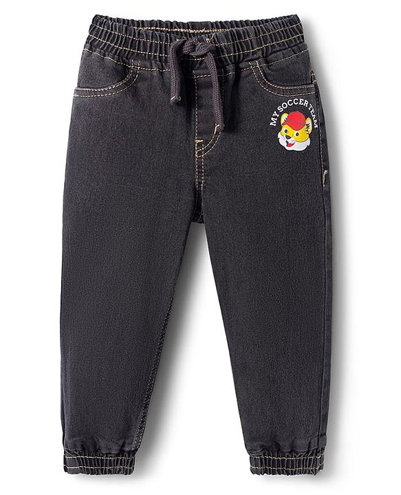 Babyhug Full Length Denim Joggers with Stretch & Tiger Print - Charcoal Grey
