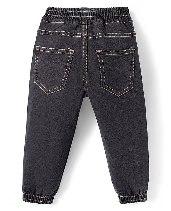 Babyhug Full Length Denim Joggers with Stretch & Tiger Print - Charcoal Grey