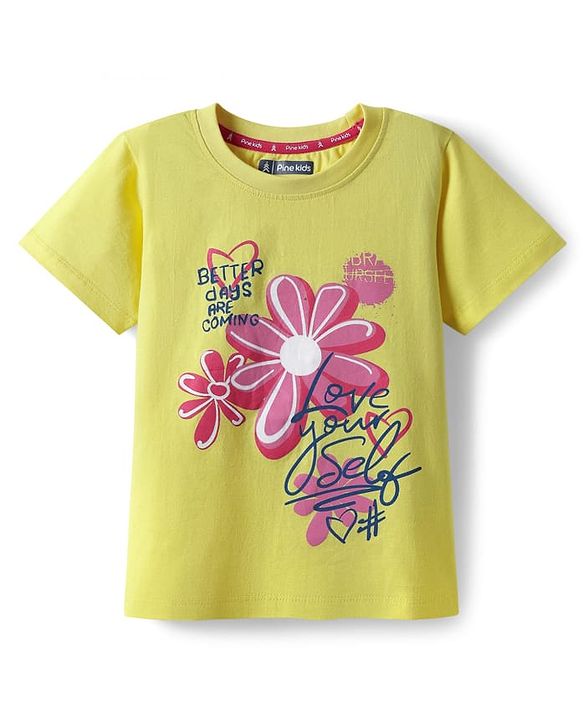 Pine Kids Cotton Knit Half Sleeves T-Shirt with Floral Print - Lemon