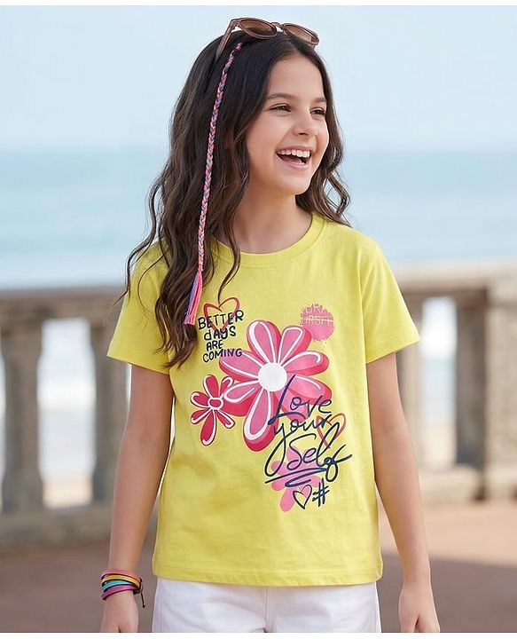 Pine Kids Cotton Knit Half Sleeves T-Shirt with Floral Print - Lemon