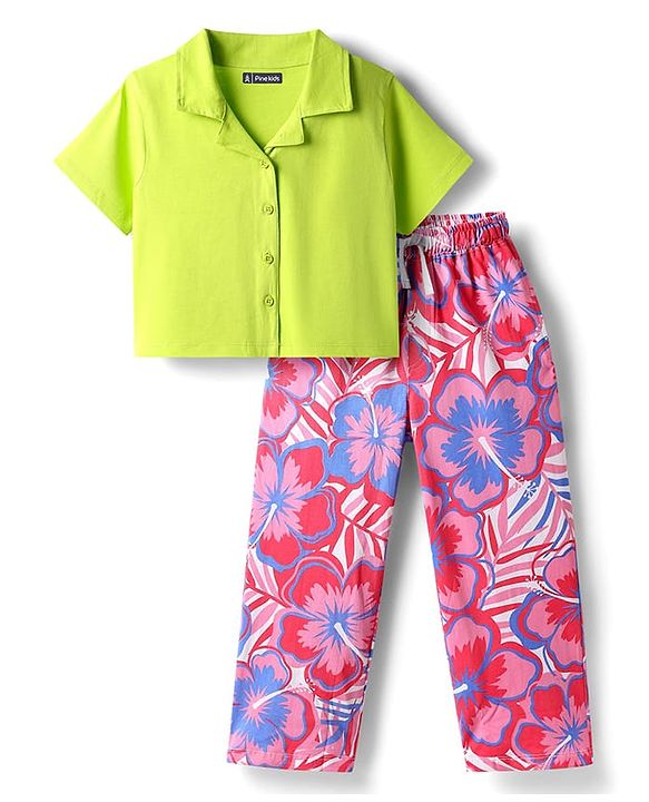 Pine Kids Single Jersey Knit Half Sleeves Shirt & Culotte Pant Set With Floral Print - Lime Green & Pink