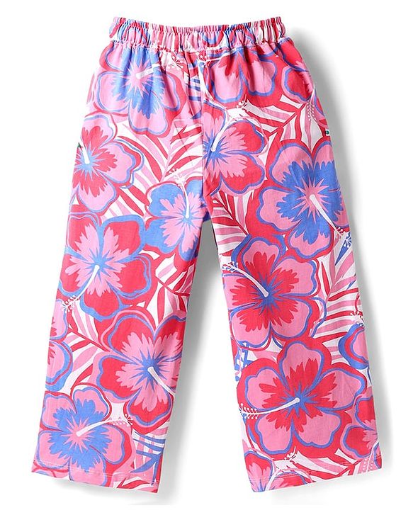 Pine Kids Single Jersey Knit Half Sleeves Shirt & Culotte Pant Set With Floral Print - Lime Green & Pink