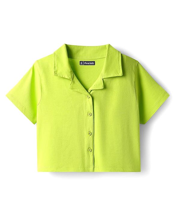 Pine Kids Single Jersey Knit Half Sleeves Shirt & Culotte Pant Set With Floral Print - Lime Green & Pink