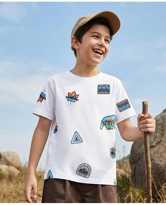 Pine Kids Cotton Knit Half Sleeves T-Shirt With Animal Print - White