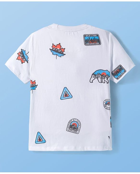 Pine Kids Cotton Knit Half Sleeves T-Shirt With Animal Print - White
