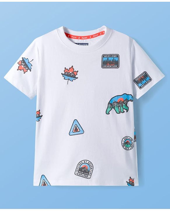 Pine Kids Cotton Knit Half Sleeves T-Shirt With Animal Print - White