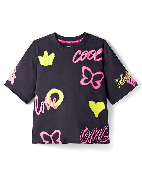 Pine Kids Cotton Knit Drop Shoulder Half Sleeves T-Shirt With Cool Text Print - Black