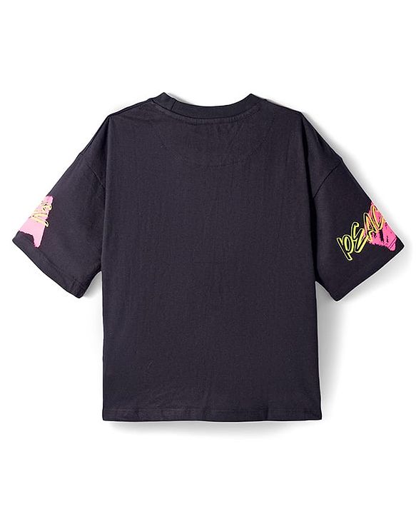 Pine Kids Cotton Knit Drop Shoulder Half Sleeves T-Shirt With Cool Text Print - Black