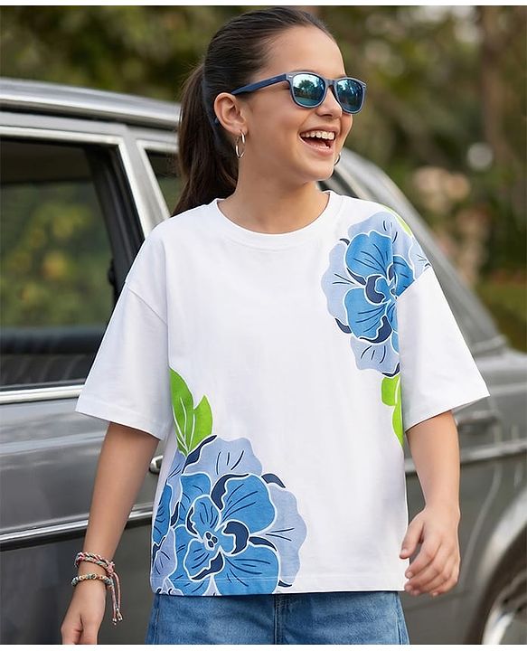 Pine Kids Cotton Knit Drop Shoulder Half Sleeves T-Shirt With Floral Print - White