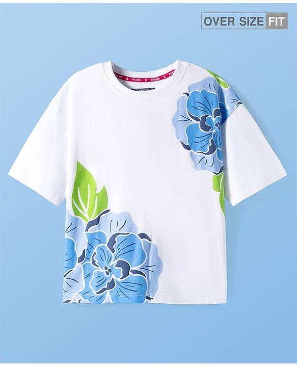Pine Kids Cotton Knit Drop Shoulder Half Sleeves T-Shirt With Floral Print - White