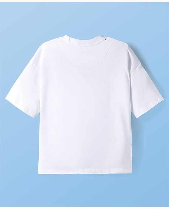 Pine Kids Cotton Knit Drop Shoulder Half Sleeves T-Shirt With Floral Print - White