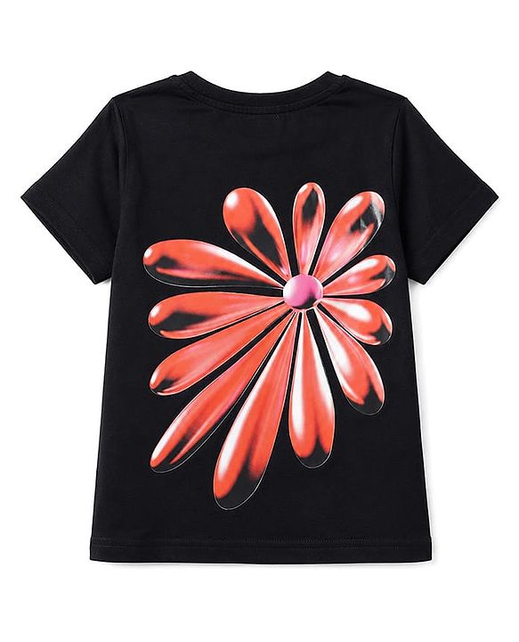 Pine Kids Cotton Knit Half Sleeves T-Shirt With Front & Back Floral & Text Print - Black