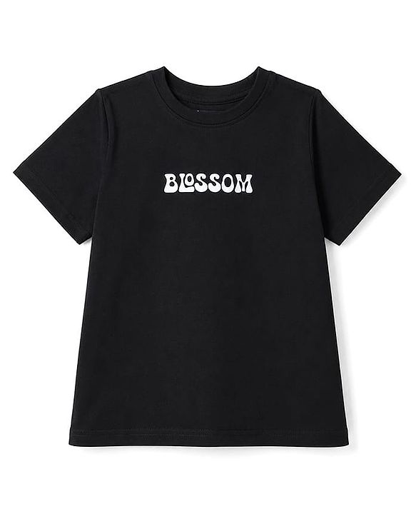 Pine Kids Cotton Knit Half Sleeves T-Shirt With Front & Back Floral & Text Print - Black