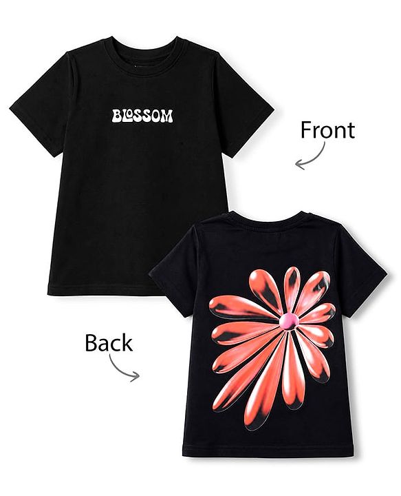 Pine Kids Cotton Knit Half Sleeves T-Shirt With Front & Back Floral & Text Print - Black