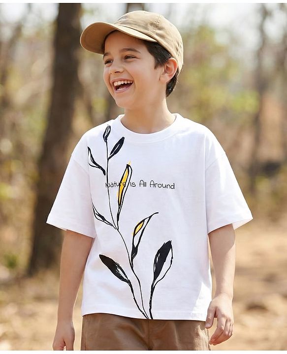 Pine Kids Cotton Knit Drop Shoulder Half Sleeves T-Shirt With Nature is All Around Text Print - White