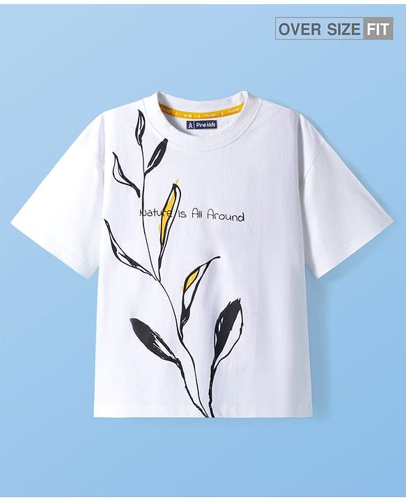 Pine Kids Cotton Knit Drop Shoulder Half Sleeves T-Shirt With Nature is All Around Text Print - White