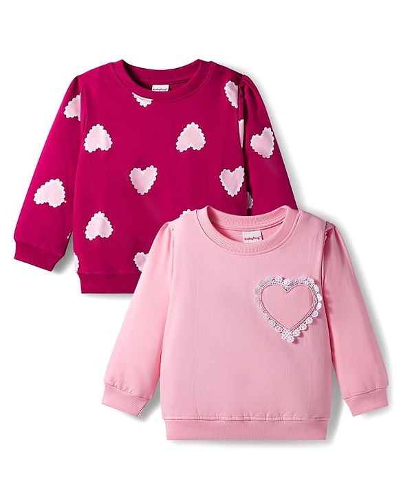 Babyhug 100% Cotton Knit Full Sleeves Sweatshirts with Heart Print & Applique Pack of 2 - Pink