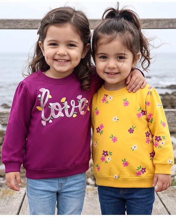 Babyhug Cotton Knit Full Sleeves Sweatshirts With Floral Print Pack of 2 - Fuchsia & Yellow