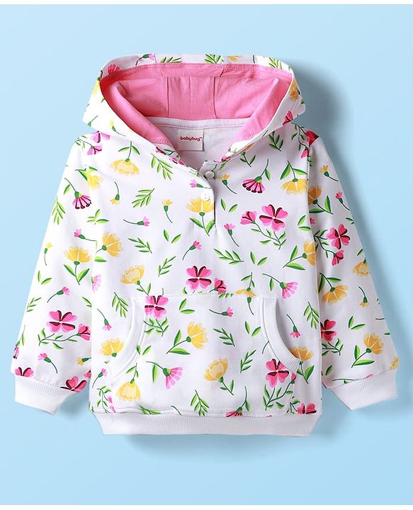 Babyhug Cotton Knit Full Sleeves Hooded Sweatshirt With Floral Print & Kangaroo Pockets - White