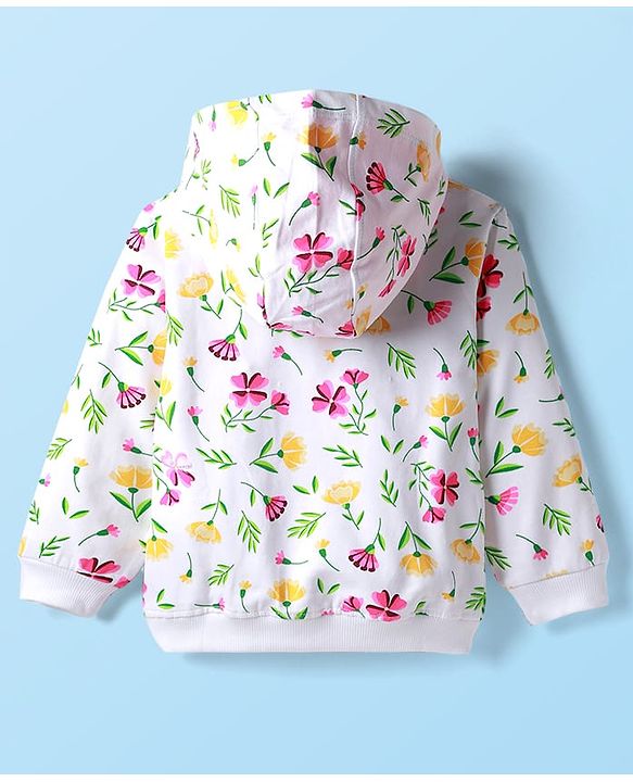 Babyhug Cotton Knit Full Sleeves Hooded Sweatshirt With Floral Print & Kangaroo Pockets - White