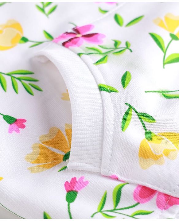 Babyhug Cotton Knit Full Sleeves Hooded Sweatshirt With Floral Print & Kangaroo Pockets - White