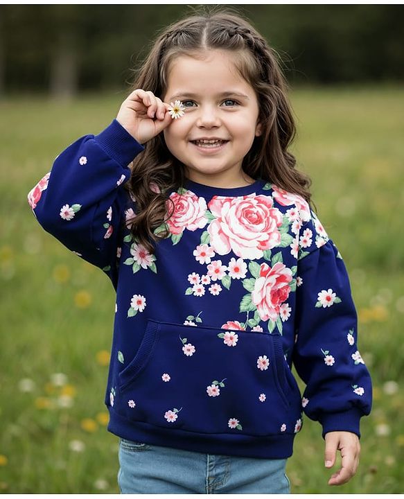 Babyhug Cotton Knit Full Sleeves Pullover Sweatshirt with Floral Print - Navy Blue