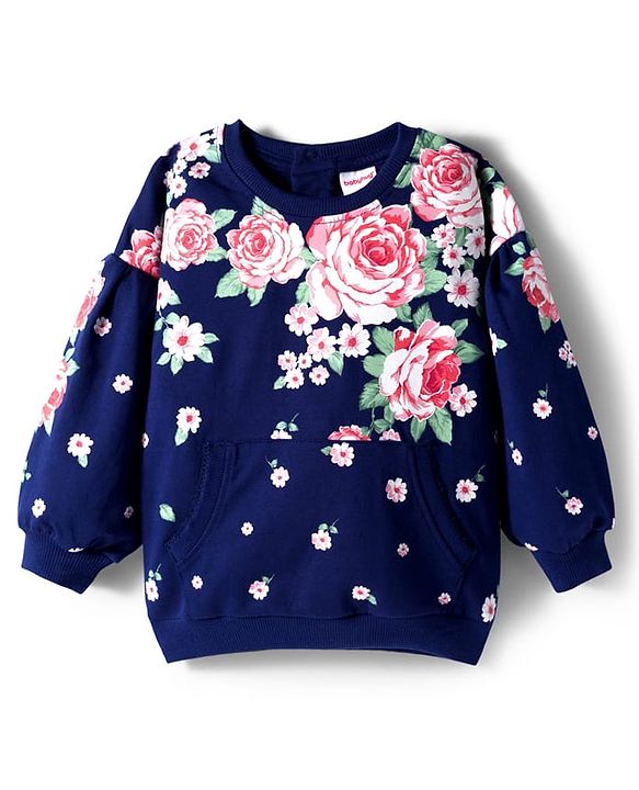 Babyhug Cotton Knit Full Sleeves Pullover Sweatshirt with Floral Print - Navy Blue