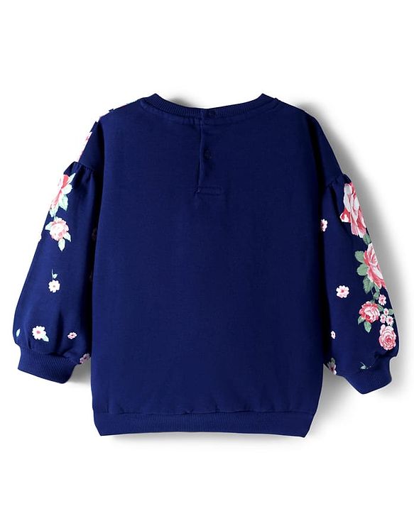 Babyhug Cotton Knit Full Sleeves Pullover Sweatshirt with Floral Print - Navy Blue