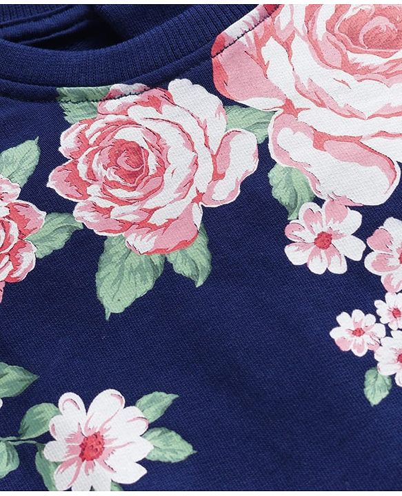 Babyhug Cotton Knit Full Sleeves Pullover Sweatshirt with Floral Print - Navy Blue