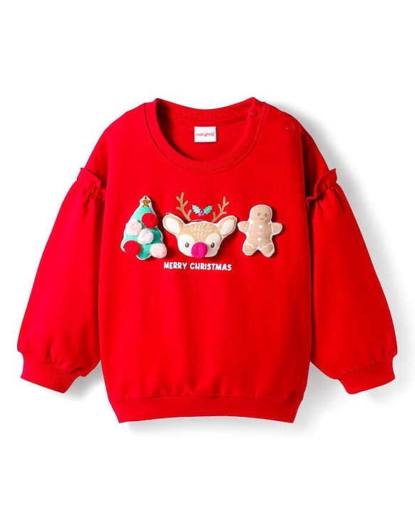 Babyhug Cotton Knit Full Sleeves Sweatshirt With Animal Applique & Text Print - Red