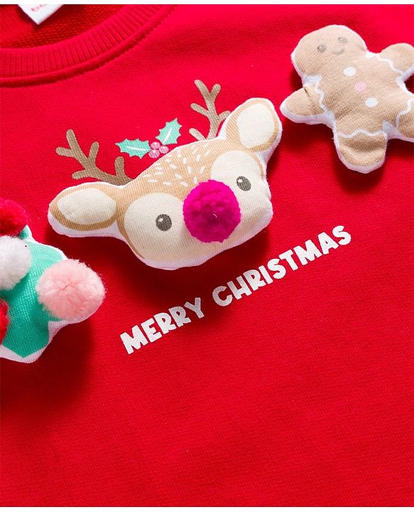 Babyhug Cotton Knit Full Sleeves Sweatshirt With Animal Applique & Text Print - Red