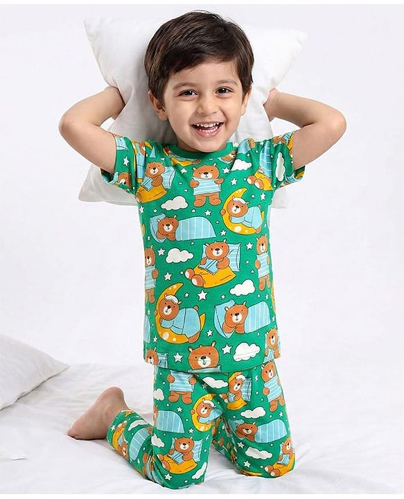 Babyhug Cotton Knit Half Sleeves Co-Ord Night Suit with Bear Print - Green