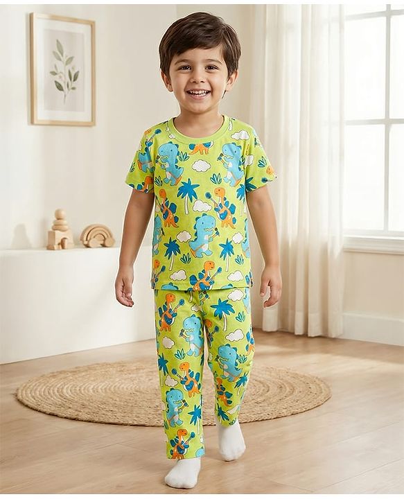 Babyhug Cotton Knit Half Sleeves Co-ords Night Suit with Dino Print - Light Green