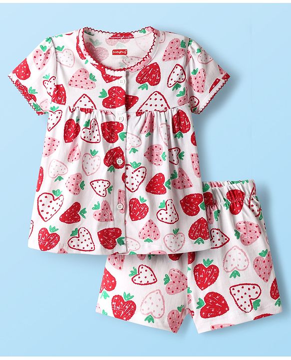 Babyhug Cotton Knit Half Sleeves Co-ords Shorts Night Suit with Heart Print - White
