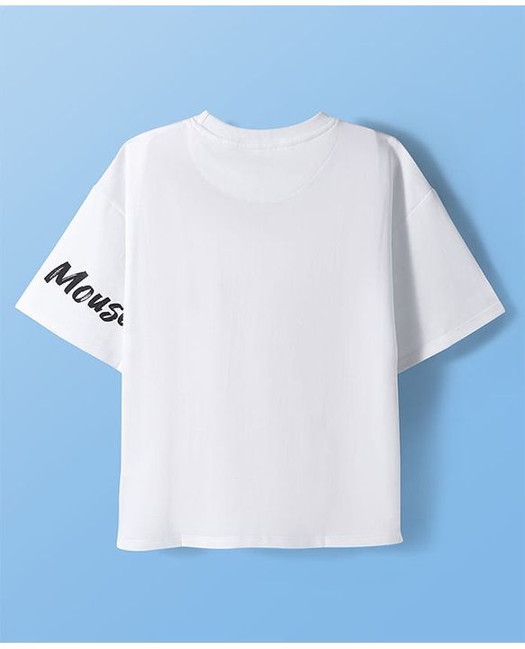 Pine Kids Disney Terry Knit Oversize Drop Shoulder Half Sleeves T-Shirt with Mickey Mouse Graphics - White