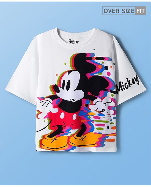 Pine Kids Disney Terry Knit Oversize Drop Shoulder Half Sleeves T-Shirt with Mickey Mouse Graphics - White