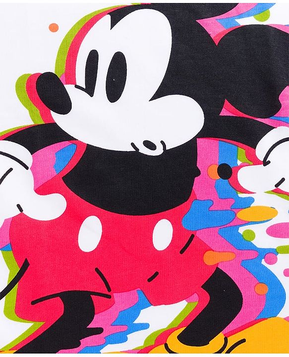 Pine Kids Disney Terry Knit Oversize Drop Shoulder Half Sleeves T-Shirt with Mickey Mouse Graphics - White