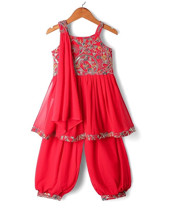 Babyhug Woven Sleeveless Embroidered & Sequence Detailing Choli & Dupatta with Georgette Printed Lehenga - Pink main image 1