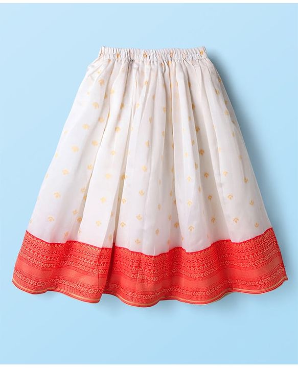 Babyhug Woven Half Puffed  Sleeves  Pattu Pavada Lehenga Choli Set with Neck Embroidery - Red & Beige