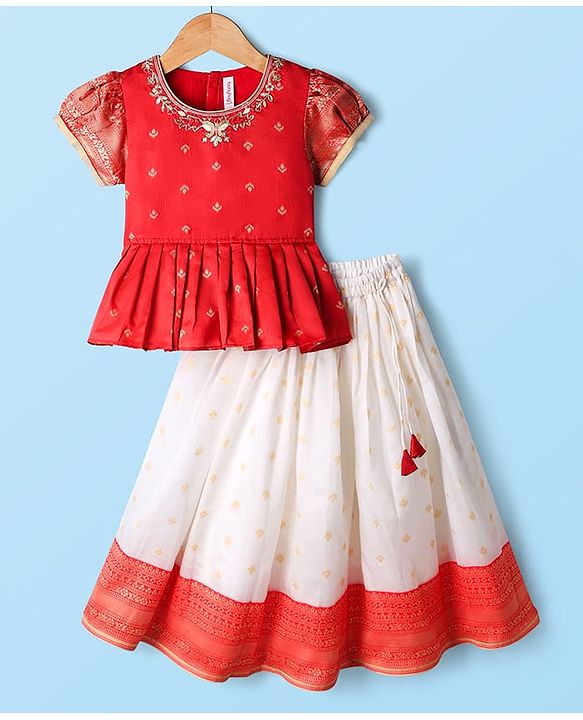 Babyhug Woven Half Puffed  Sleeves  Pattu Pavada Lehenga Choli Set with Neck Embroidery - Red & Beige