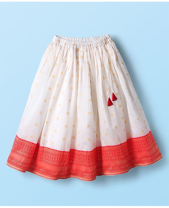 Babyhug Woven Half Puffed  Sleeves  Pattu Pavada Lehenga Choli Set with Neck Embroidery - Red & Beige