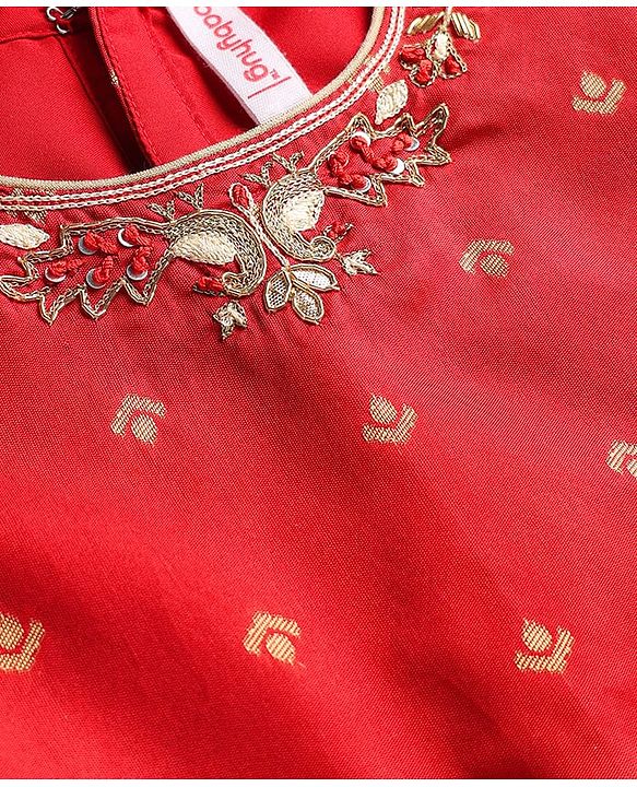 Babyhug Woven Half Puffed  Sleeves  Pattu Pavada Lehenga Choli Set with Neck Embroidery - Red & Beige