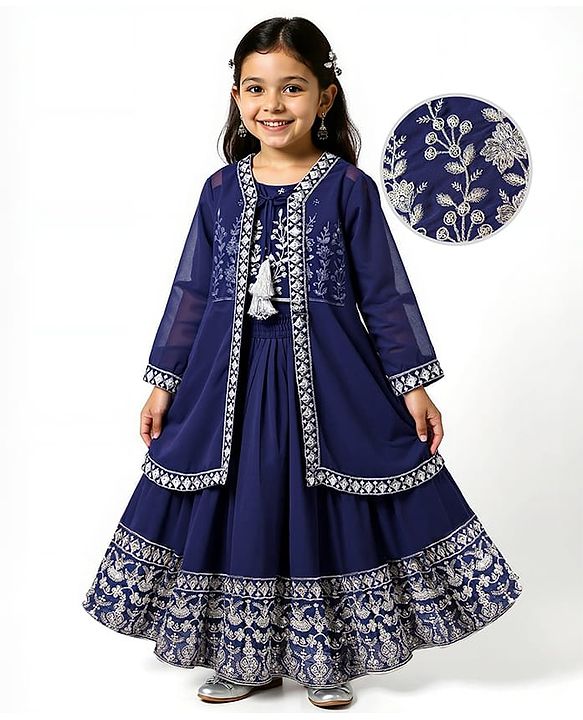 Babyhug Georgette Woven Three Fourth Sleeves Lehenga & Choli With Jacket Set Lace & Embroidery Detailing - Navy Blue