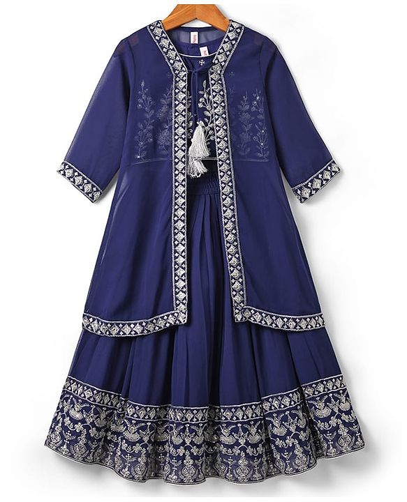 Babyhug Georgette Woven Three Fourth Sleeves Lehenga & Choli With Jacket Set Lace & Embroidery Detailing - Navy Blue